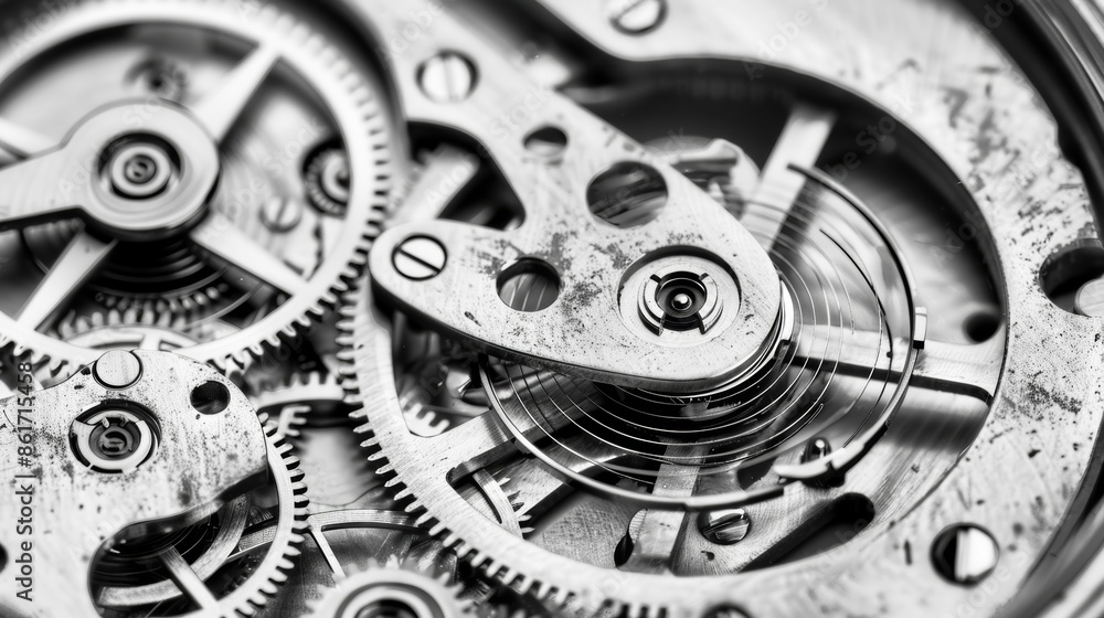 A closeup of the intricate gears and cogs of a vintage watch frozen in time. Black and white art A closeup of the intricate gears and cogs of a vintage watch frozen in time. Black and white art