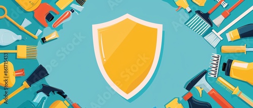 Defend Your Home with the Best Cleaning Arsenal Cleaning Tools and Products Surrounding Shield Icon with Copy Space photo