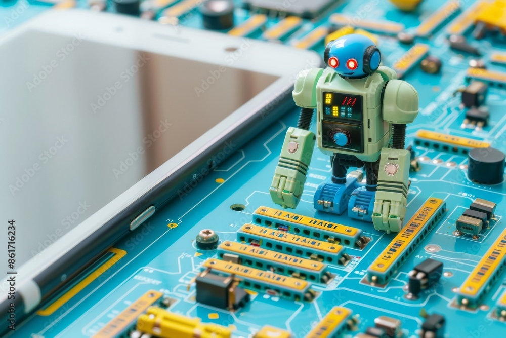 Fototapeta premium AI Powered Circuit Board with Mini Robot, Advanced Electronics, Digital Components, Blue and Silver, Futuristic Design, Cyber Technology, Smart Circuitry, High Tech Hardware, Modern Tech Innovation, R