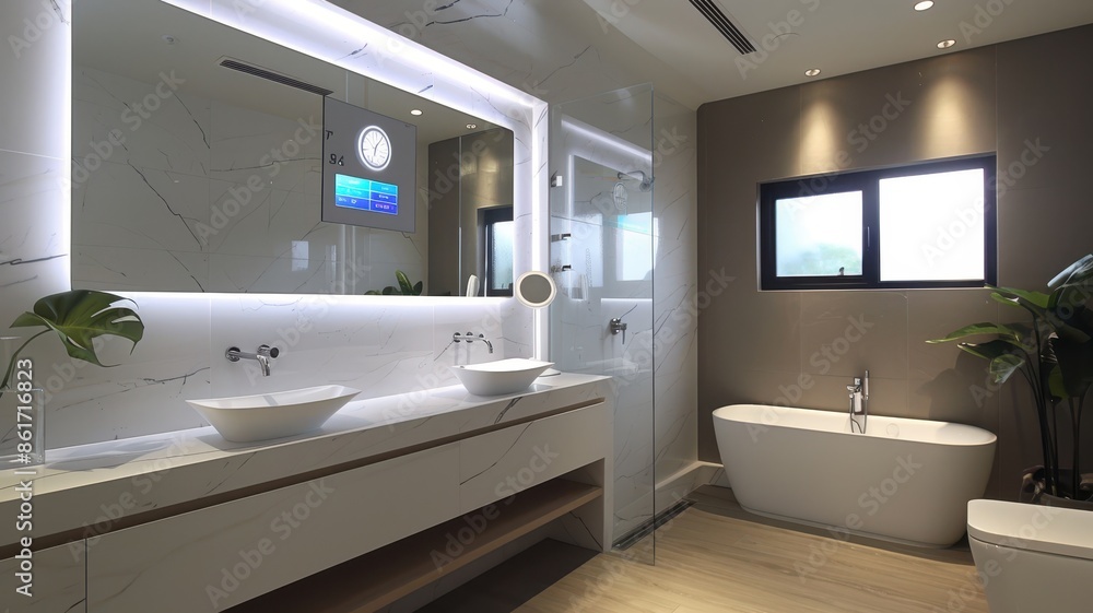 Modern bathroom with double sinks, large mirror, bathtub, and contemporary lighting. Sleek, minimalistic design with natural light from window. Modern bathroom with double sinks, large mirror, bathtub, and contemporary lighting. Sleek, minimalistic design with natural light from window.