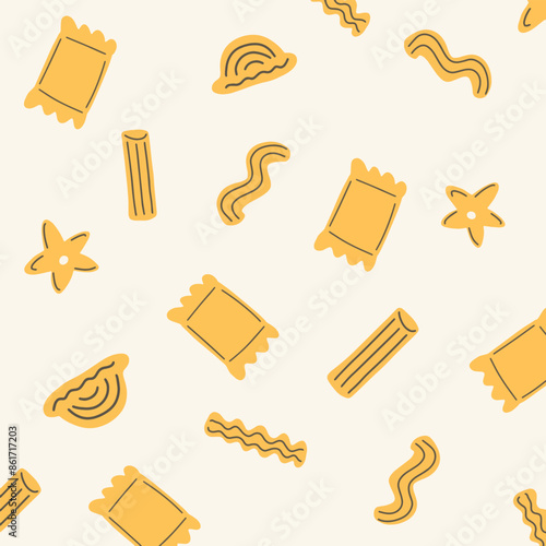 Italian pasta seamless pattern on light background. Cute hand drawn macaroni 