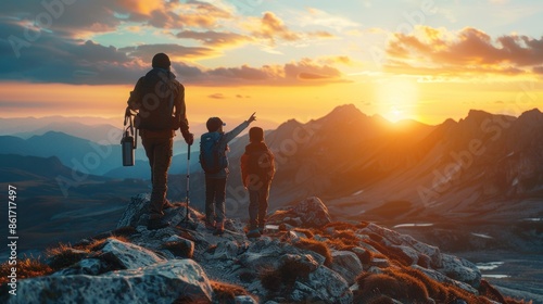 Close-up of parents and their child exploring a rocky mountain trail The evening sun creates a beautiful backlit scene highlighting the rugged landscape and the family's silhouettes The child's