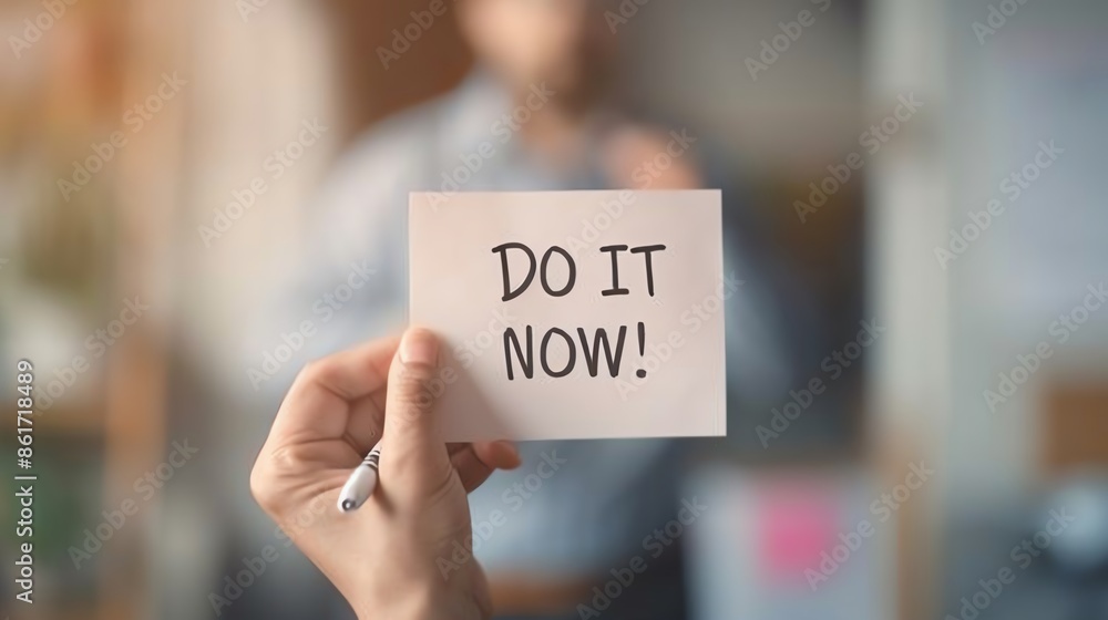 custom made wallpaper toronto digitalHand holding a note with 'Do It Now!' written on it, emphasizing motivation and immediate action. Blurry background with a person out of focus.