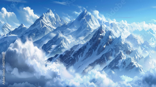 A mountain range with snow on the peaks and a blue sky © Sergei