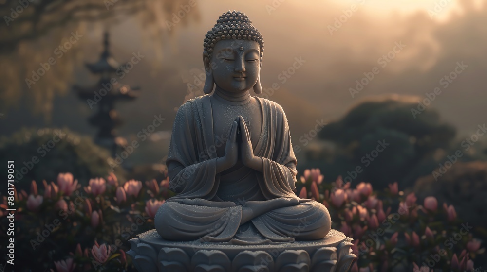 Fototapeta premium Serene Buddha statue meditating in a tranquil garden at dawn with soft sunlight filtering through the mist, surrounded by blooming flowers.