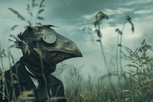 A person wearing a plague doctor outfit, situated in a mysterious, foggy field setting that evokes historical references. photo