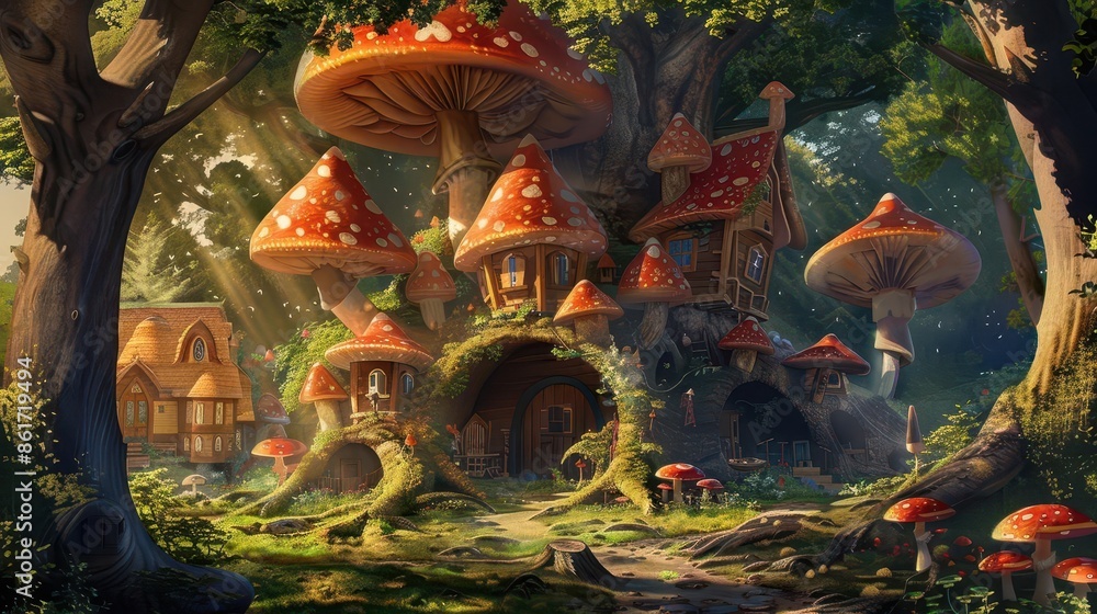Fototapeta premium whimsical treehouse village built among giant mushrooms digital painting
