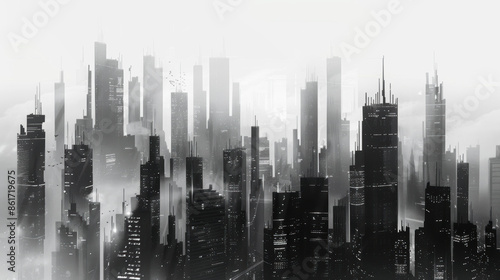 A cityscape with tall buildings and a foggy atmosphere