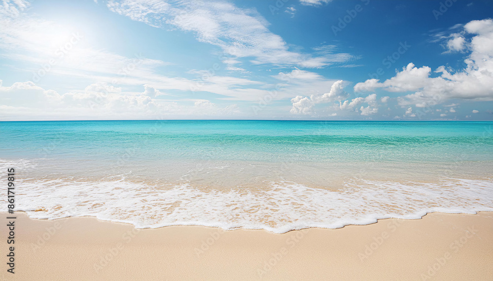 Tranquil beach with clear turquoise waters lapping onto white sandy shore under a partly cloudy sky, tropical travel nature relaxation tourism Tranquil beach with clear turquoise waters lapping onto white sandy shore under a partly cloudy sky, tropical travel nature relaxation tourism