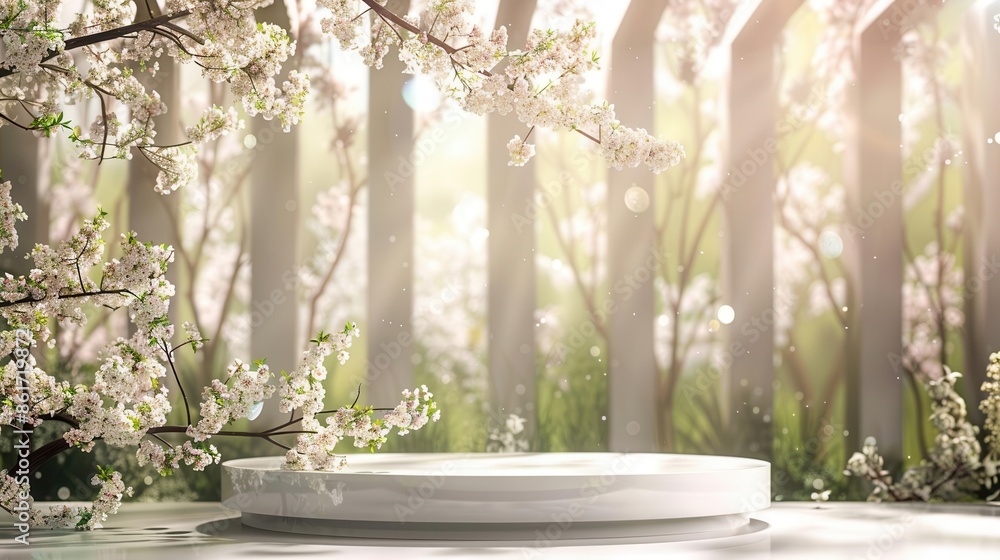 Fototapeta premium white podium display with spring flowers on floral garden background beauty product showcase