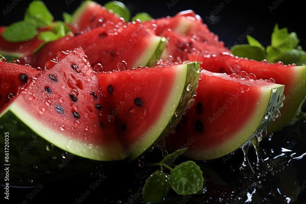 Slices of fresh watermelon with water droplets, presented on a surface with scattered mint leaves and a dark background. Slices of fresh watermelon with water droplets, presented on a surface with scattered mint leaves and a dark background.