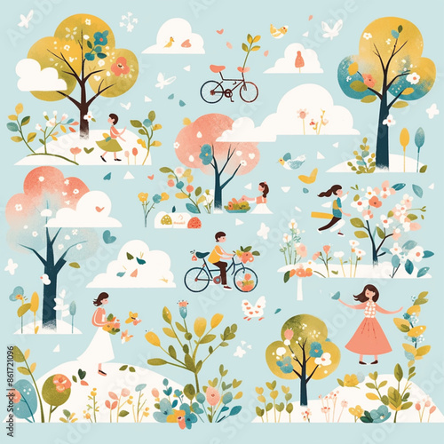 Whimsical Springtime Activities in a Lush Garden Vector Illustration