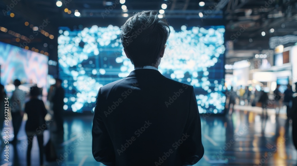 Immersive Technology Showcase Enthralled Attendee Engrossed in Holographic Display Immersive Technology Showcase Enthralled Attendee Engrossed in Holographic Display