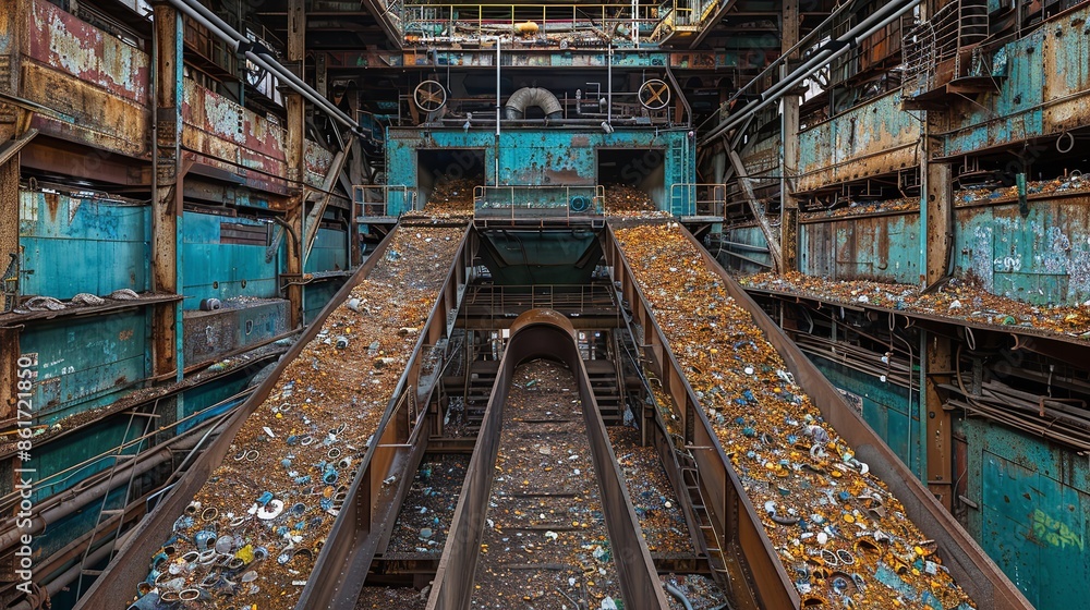 A rusted conveyor belt system stretches into the dark depths of an abandoned factory A rusted conveyor belt system stretches into the dark depths of an abandoned factory