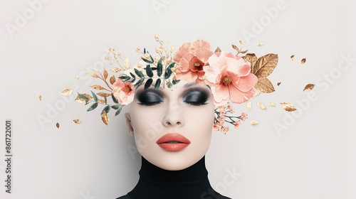 Wallpaper Mural Chic minimalistic boho art, girl face adorned with flora, blending gold, beige, pink, black on white, emphasizing harmony and elegance, trendy and refined aesthetic Torontodigital.ca