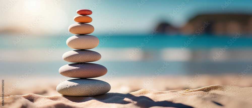 Balanced stones stacked on a tranquil rocky beach in sunny day with a serene ocean backdrop, calm relaxation meditation wellness, free copy space Balanced stones stacked on a tranquil rocky beach in sunny day with a serene ocean backdrop, calm relaxation meditation wellness, free copy space