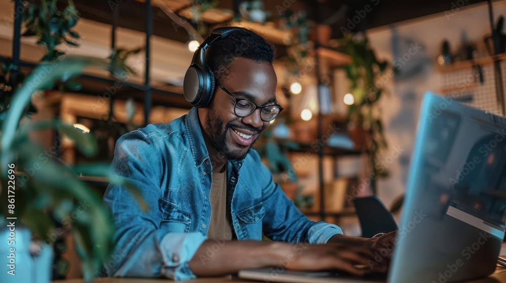 young intern businessman in headphones smiling while using laptop in creative office digital painting young intern businessman in headphones smiling while using laptop in creative office digital painting