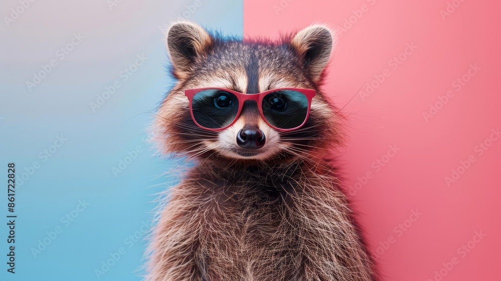 Image of stylish Raccoon in trendy sunglasses and outfit looking at camera against two colored background, Copyspace Image of stylish Raccoon in trendy sunglasses and outfit looking at camera against two colored background, Copyspace