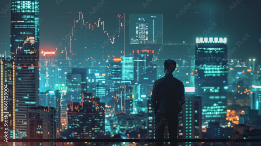 Cityscape Financial Success Businessman Analyzing Stock Market Trends at Night Cityscape Financial Success Businessman Analyzing Stock Market Trends at Night