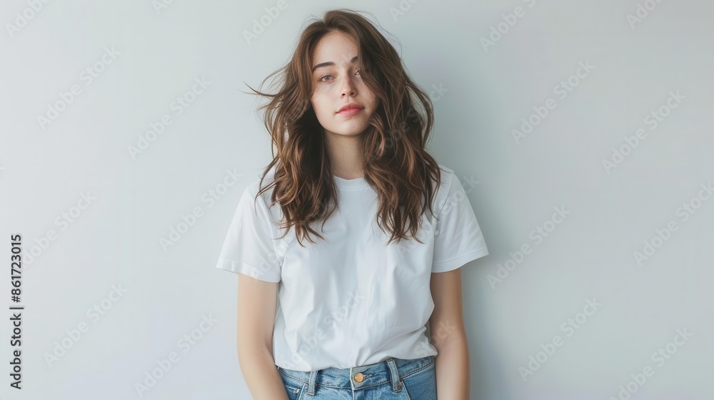 young woman in white tshirt and jeans casual portrait against white wall relaxed everyday fashion young woman in white tshirt and jeans casual portrait against white wall relaxed everyday fashion