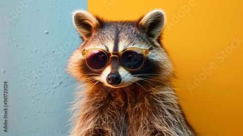 Image of stylish Raccoon in trendy sunglasses and outfit looking at camera against two colored background, Copyspace