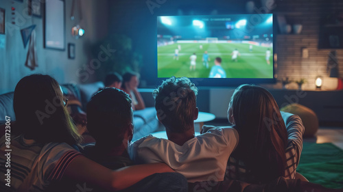 a group of people watches soccer match on big tv screen.generative ai