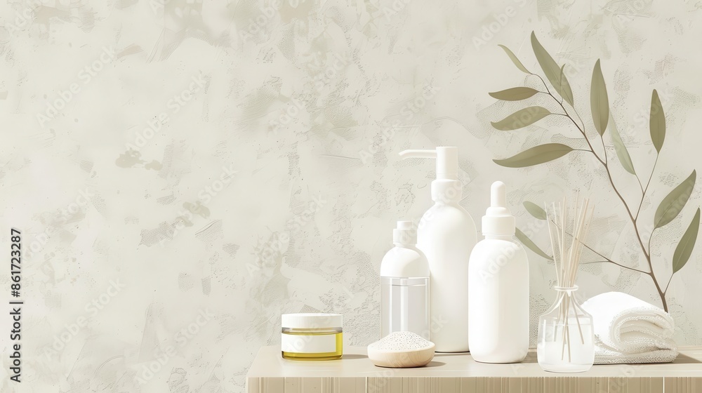 serene ayurvedic spa composition with essential oils body scrub and cream in minimalist white bottles on textured background soothing digital illustration serene ayurvedic spa composition with essential oils body scrub and cream in minimalist white bottles on textured background soothing digital illustration