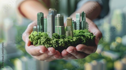 Green Oasis Sustainable Miniature Cityscape Embraced in Hands © AbiScene