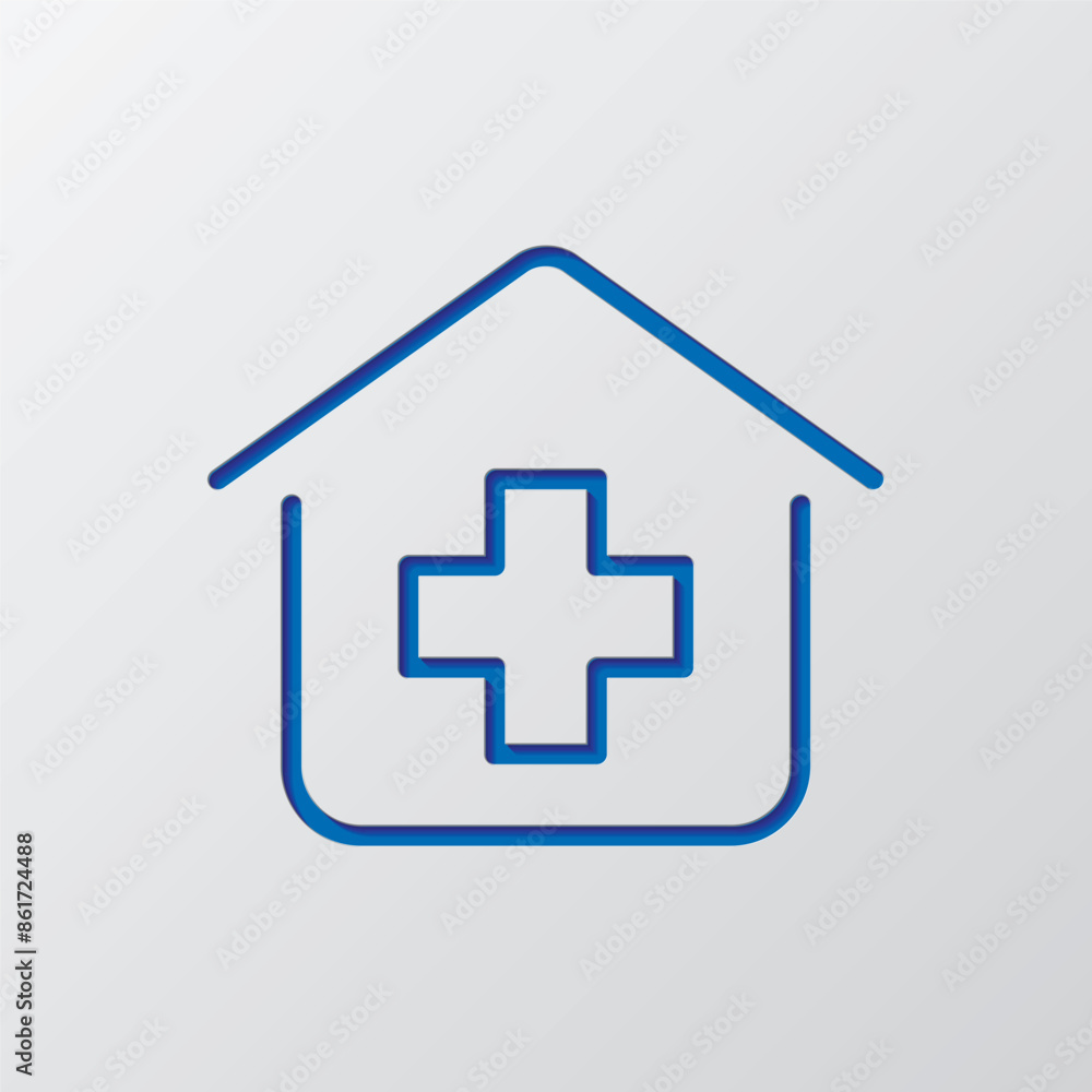 Clinic, hospital simple icon vector. Flat design. Paper cut design. Cutted blue symbol with shadow. Gray background Clinic, hospital simple icon vector. Flat design. Paper cut design. Cutted blue symbol with shadow. Gray background