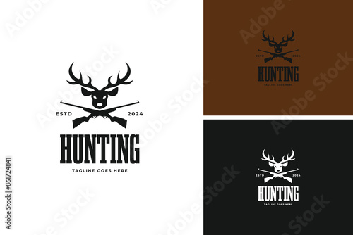 Deer head and riffle logo design vector illustration template idea