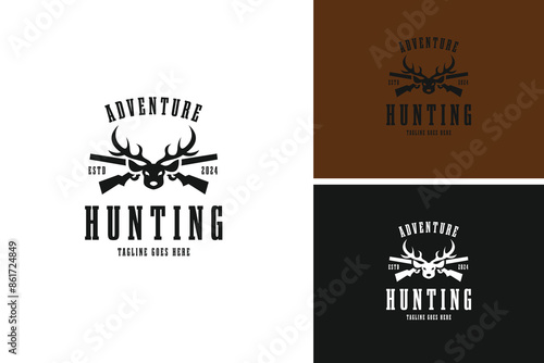 Deer head and riffle logo design vector illustration template idea