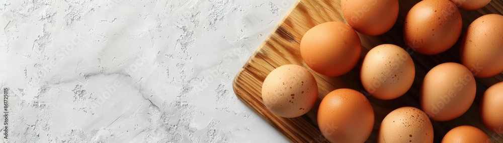 Raw chicken eggs and wooden dividing board on the table. Raw chicken eggs and wooden dividing board on the table.
