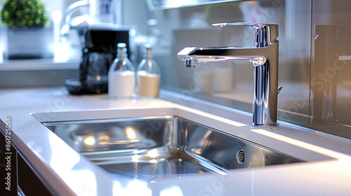 A gleaming kitchen sink with a shiny chrome tap, reflecting a hygienic and modern kitchen