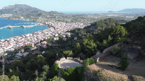 Aerial panoramic view over Zakynthos city at sunset. Zakynthos island, Ionian sea, western Greece photo