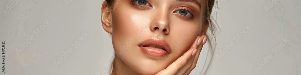 Fototapeta premium Beautiful Woman Applying Face Cream Against White Background with Soft Lighting and Green Leaves in Foreground. Skincare and Beauty Concept Featuring Modern Fashion Model. AI-Generated High-Resolution