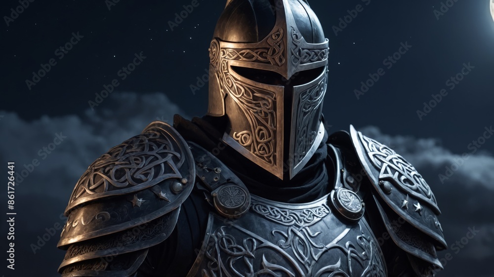 Celtic knight with matte black armor and carved details on the armor, night scene with stars in the sky. Celtic knight with matte black armor and carved details on the armor, night scene with stars in the sky.