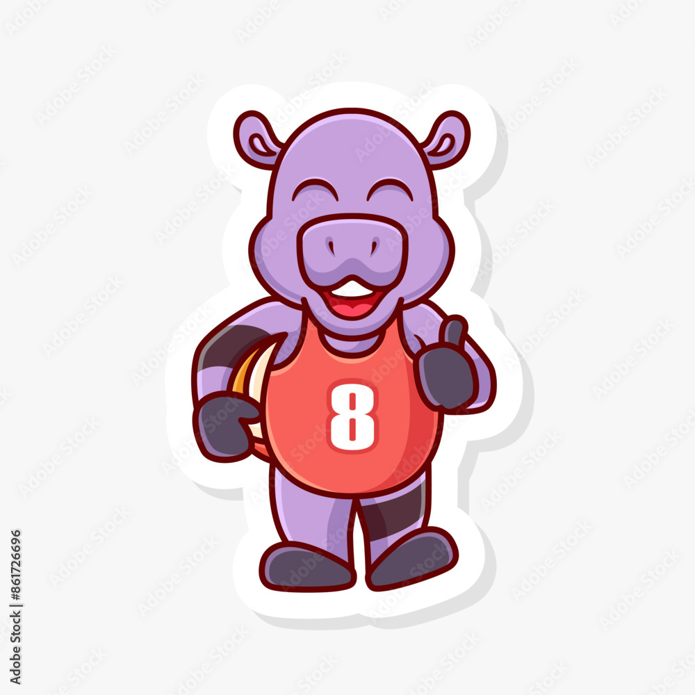 Hippo carrying a volleyball and giving a thumbs up, cute cartoon character of animal doing sport. Hippo carrying a volleyball and giving a thumbs up, cute cartoon character of animal doing sport.