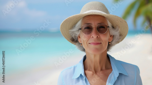 senior woman smiling and enjoying a relaxing beach vacation and she is radiating happiness and peace, Promoting senior travel for self-care, relaxation and reconnecting with nature.