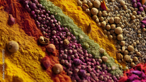 Spice Cosmos: Microscopic Culinary Art. Vibrant extreme close-up of exotic spices reveals a microscopic world of intricate textures. This culinary art piece showcases the beauty of everyday ingredient