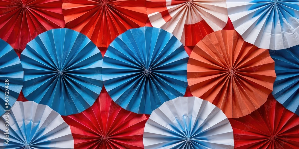 A colorful paper fan with red, white, and blue colors. The fans are arranged in a pattern, with some overlapping and others standing alone. Scene is festive and celebratory A colorful paper fan with red, white, and blue colors. The fans are arranged in a pattern, with some overlapping and others standing alone. Scene is festive and celebratory