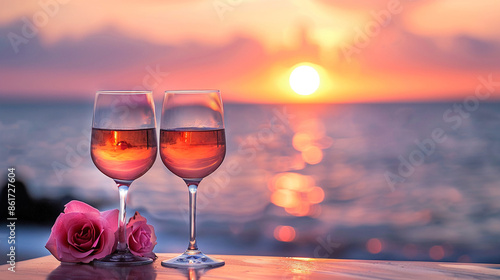 Romantic sunset by the sea with two glasses of rose wine on a table emphasizing the serene and picturesque ambiance