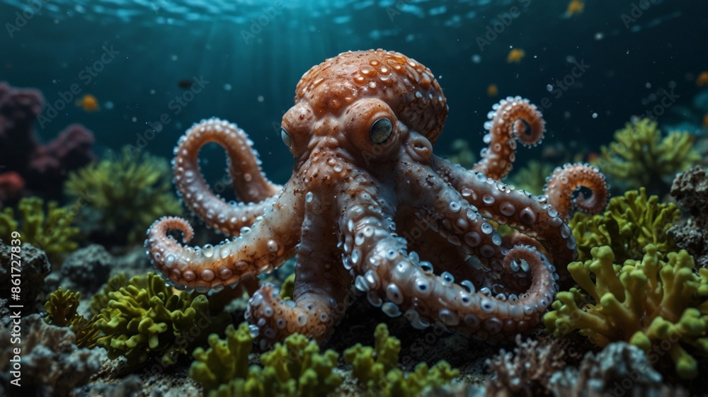 Octopus underwater with corals and algae, marine life concept. Octopus underwater with corals and algae, marine life concept.