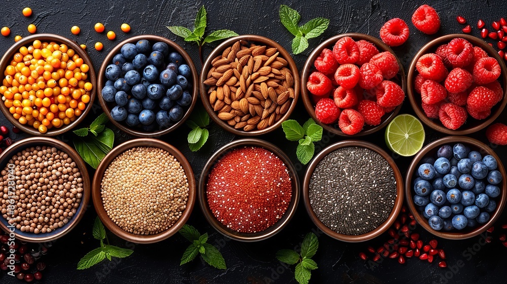 A flat lay image of a variety of fresh and dried ingredients in bowls on a dark surface. The ingredients include blueberries, raspberries, chia seeds, flax seeds, and other grains A flat lay image of a variety of fresh and dried ingredients in bowls on a dark surface. The ingredients include blueberries, raspberries, chia seeds, flax seeds, and other grains