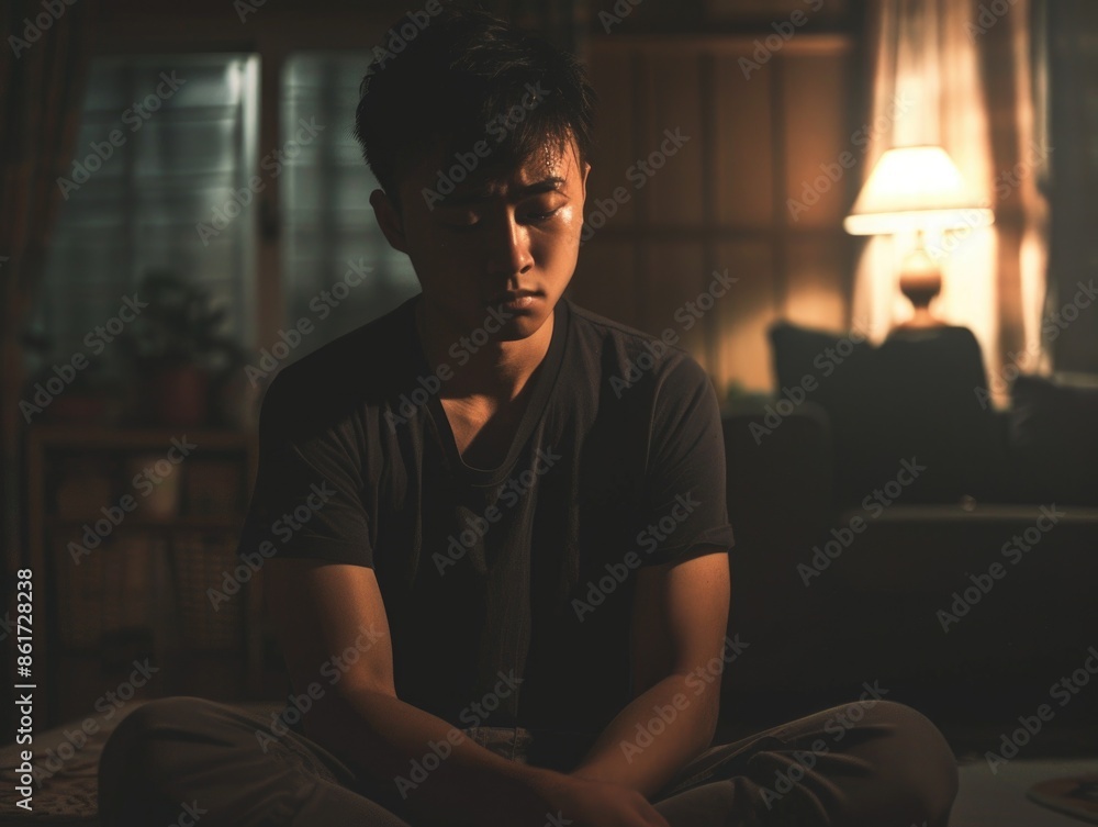 A man is sitting on a bed in a dimly lit room. He is wearing a black shirt and he is in a contemplative mood A man is sitting on a bed in a dimly lit room. He is wearing a black shirt and he is in a contemplative mood