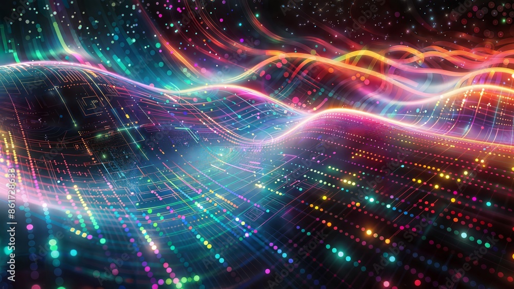 Obraz premium Futuristic technology concept with colorful light streams, circuit patterns, and digital particles, representing data flow and advanced computing networks.