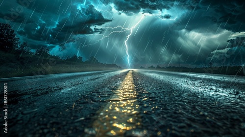 Isolated road stretching towards the horizon  overshadowed by a massive thunderstorm  lightning illuminating the path ahead photo