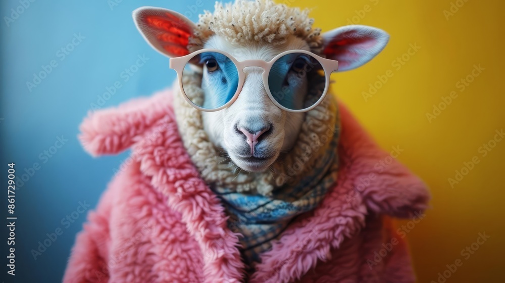 Image of stylish Sheep in trendy sunglasses and outfit looking at camera against two colored background, Copyspace Image of stylish Sheep in trendy sunglasses and outfit looking at camera against two colored background, Copyspace