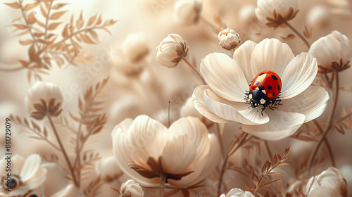 Beige background with flower stems and white flowers