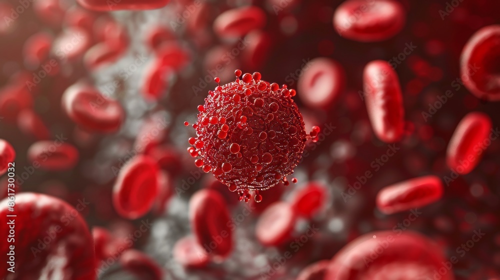 Fototapeta premium Proliferating Cancer Cell A Menace Among Red Blood Cells in a Microscopic World