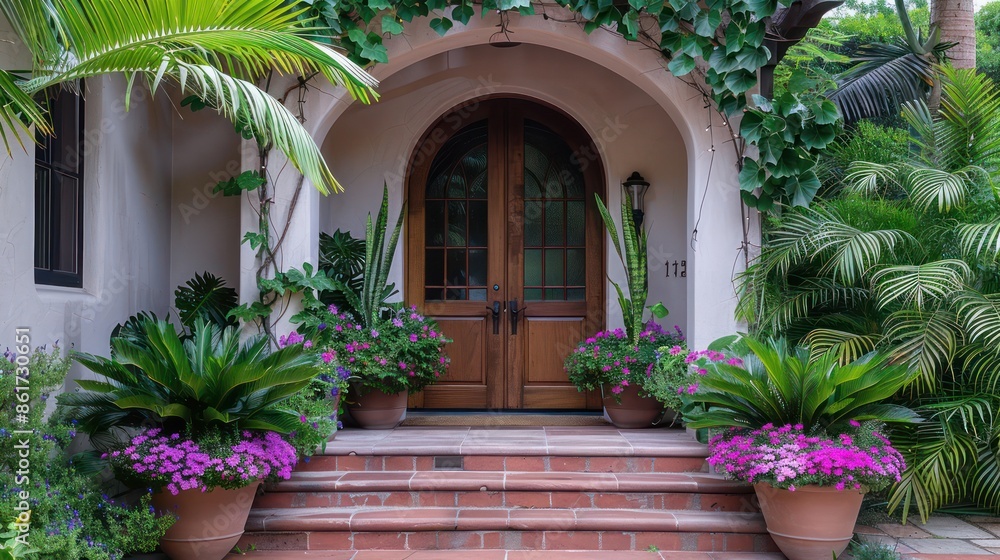 Fototapeta premium A house with a beautiful garden and a porch with two large wooden doors. The doors are adorned with flowers and the house has a welcoming and inviting atmosphere